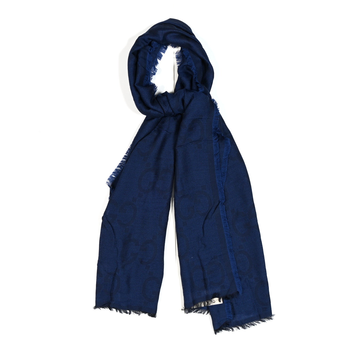 Gucci Wool Silk Monogram Jumbo GG Fringe Scarf Navy Blue 1 of 3