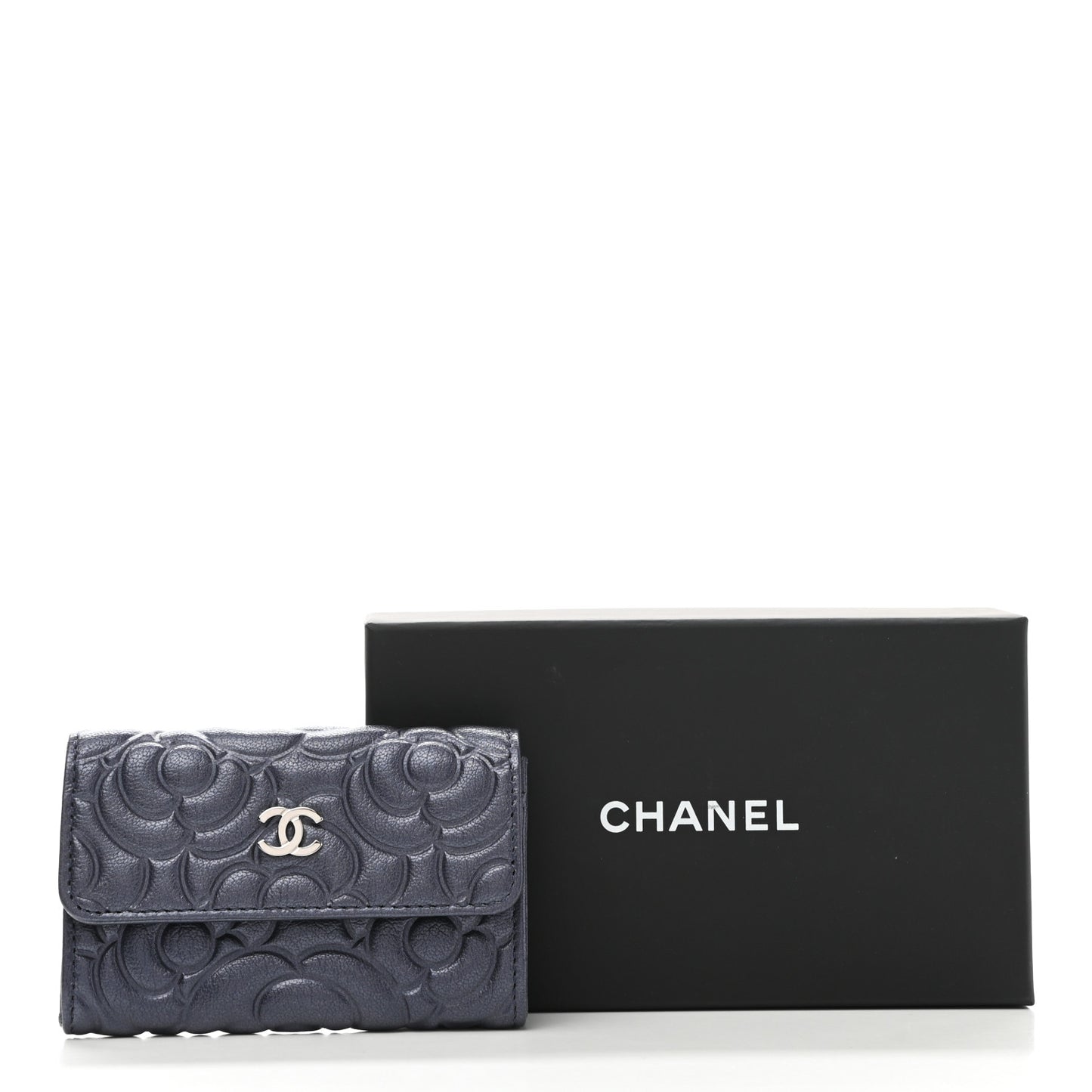 Goatskin Camellia Embossed Flap Card Holder Wallet Dark Blue