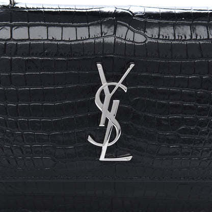 Saint Laurent Calfskin Crocodile Embossed Monogram Sunset Top Handle Chain Wallet Black 11 of 12