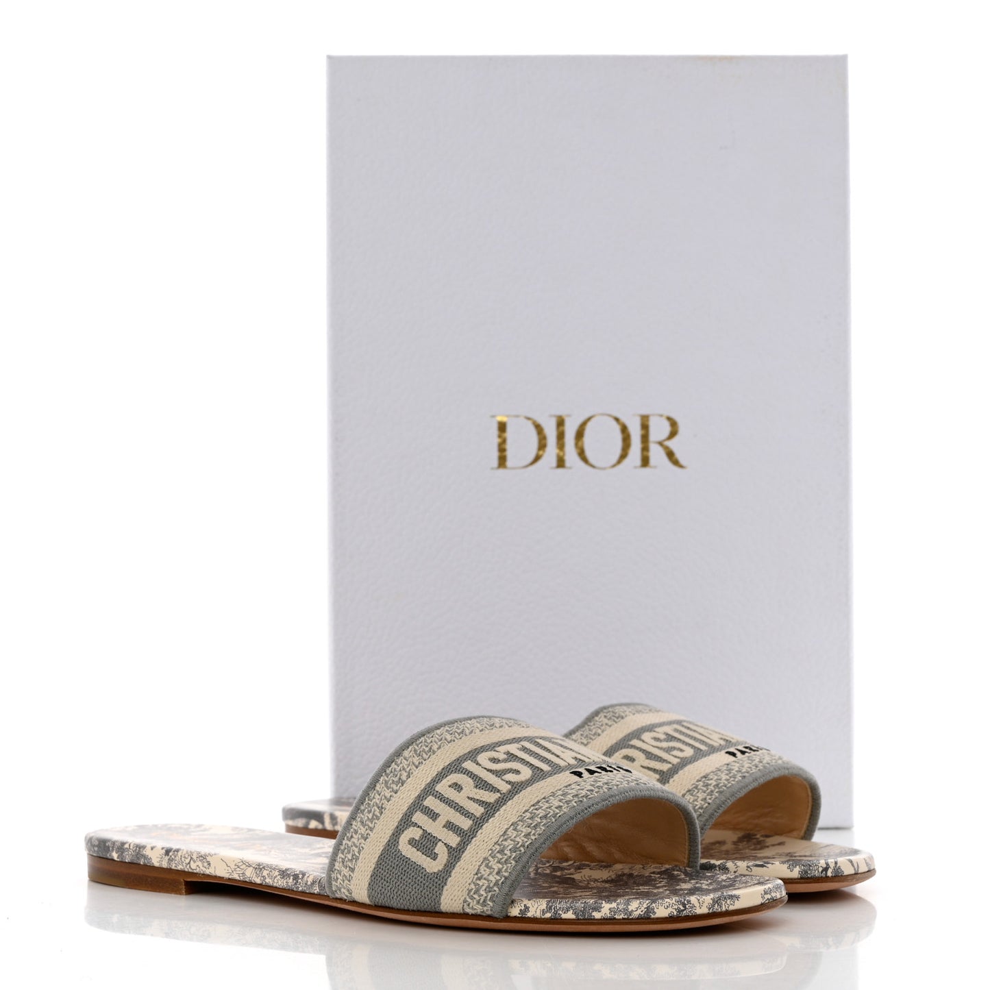 Canvas Toile de Jouy Embroidered Dway Flat Slide Sandals 39.5 Light Grey