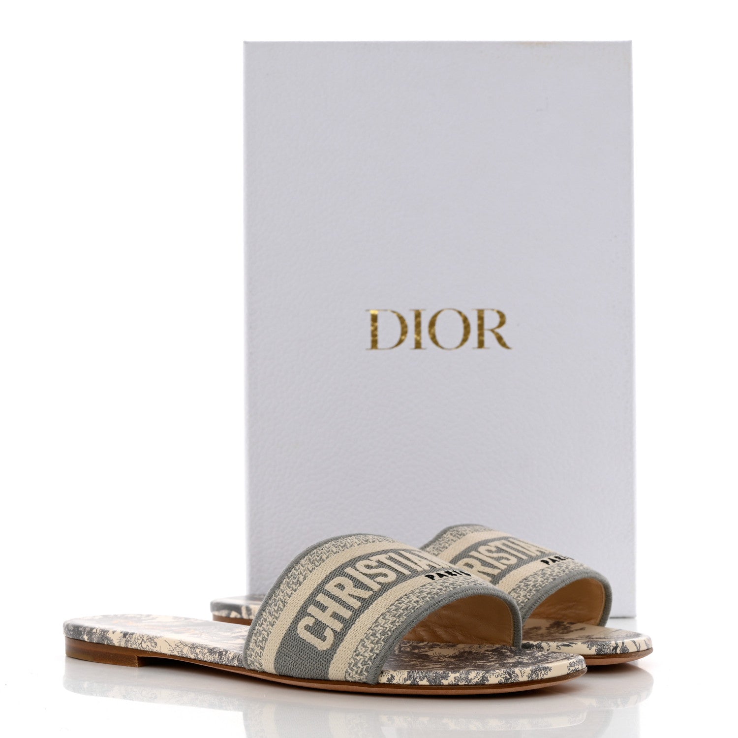 Christian Dior Canvas Toile de Jouy Embroidered Dway Flat Slide Sandals 39.5 Light Grey 9 of 9