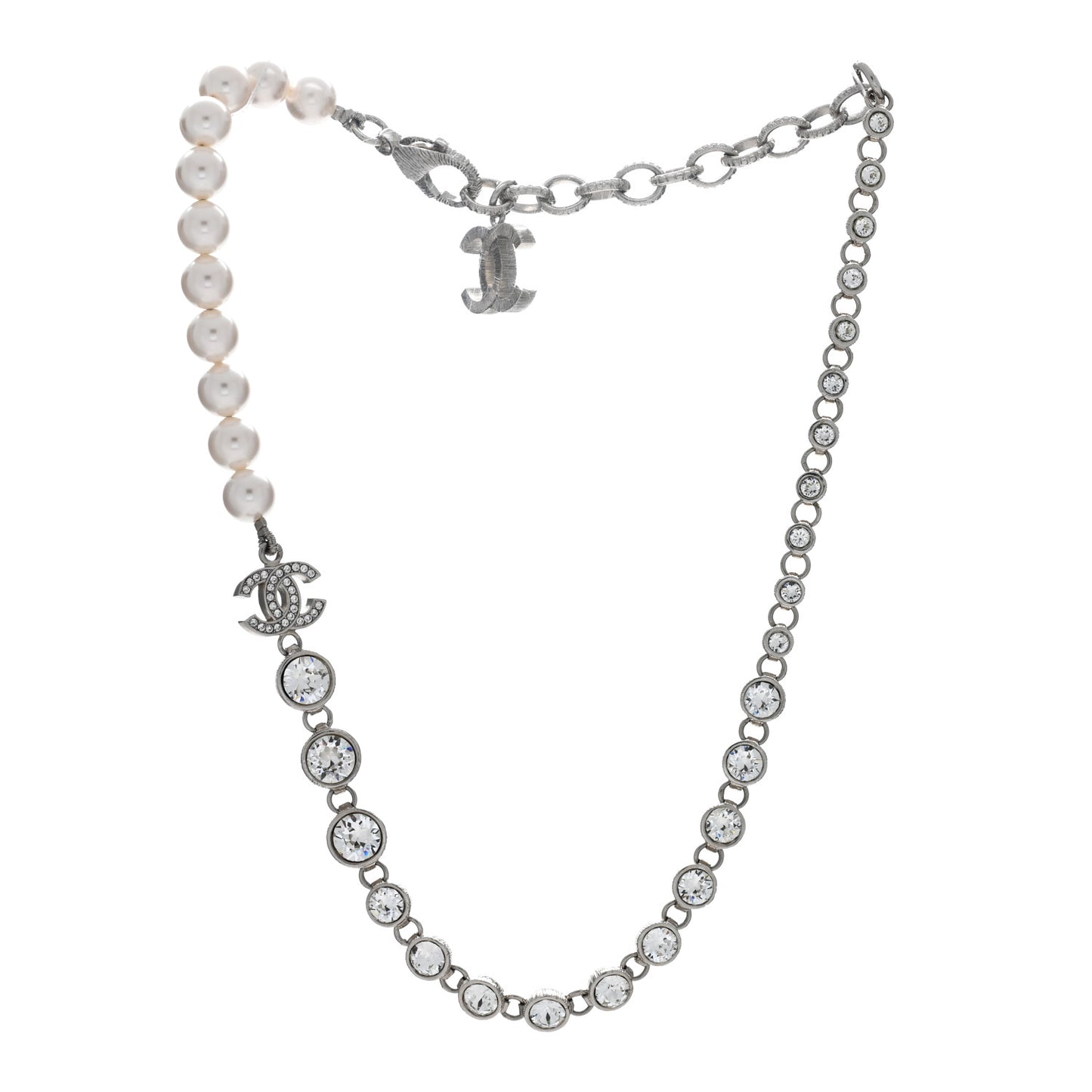 Pearl Crystal CC Choker Necklace Silver