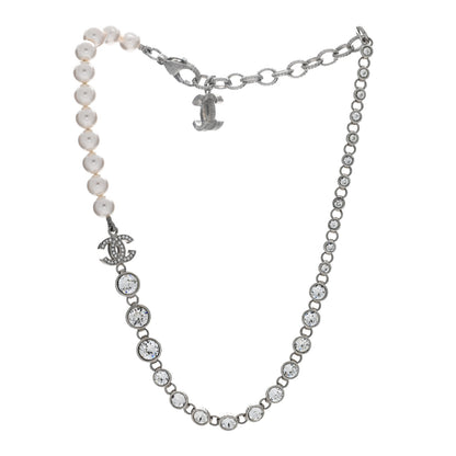 Chanel Pearl Crystal CC Choker Necklace Silver 2 of 4