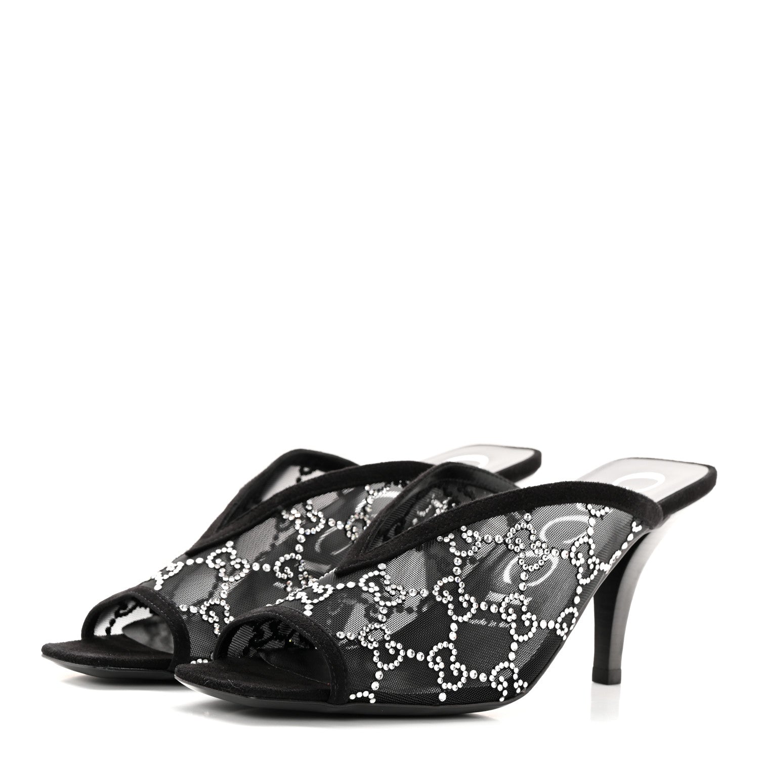 Gucci Tela Retino Kid Scamosciato Crystal GG Monogram Square G 95mm Slide Sandals 37.5 Black 3 of 12
