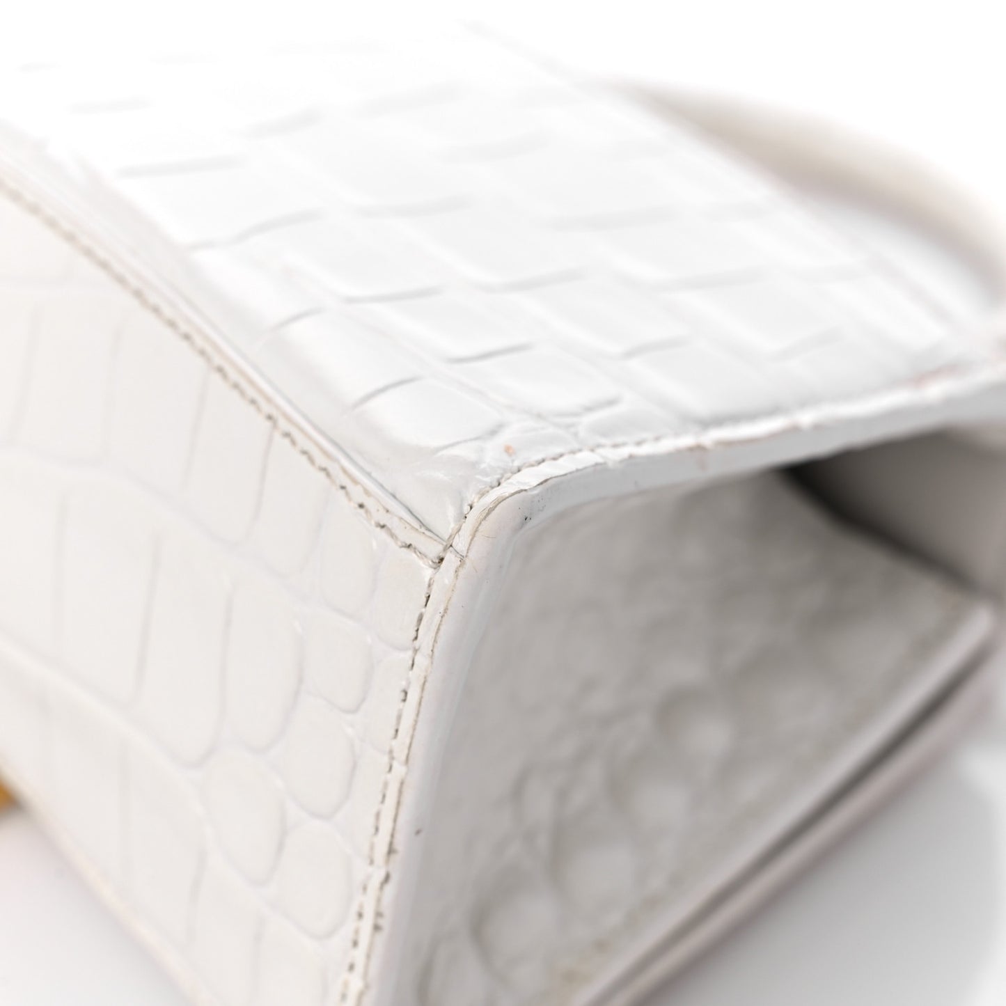 Shiny Calfskin Crocodile Embossed Hourglass Top Handle Bag XS White