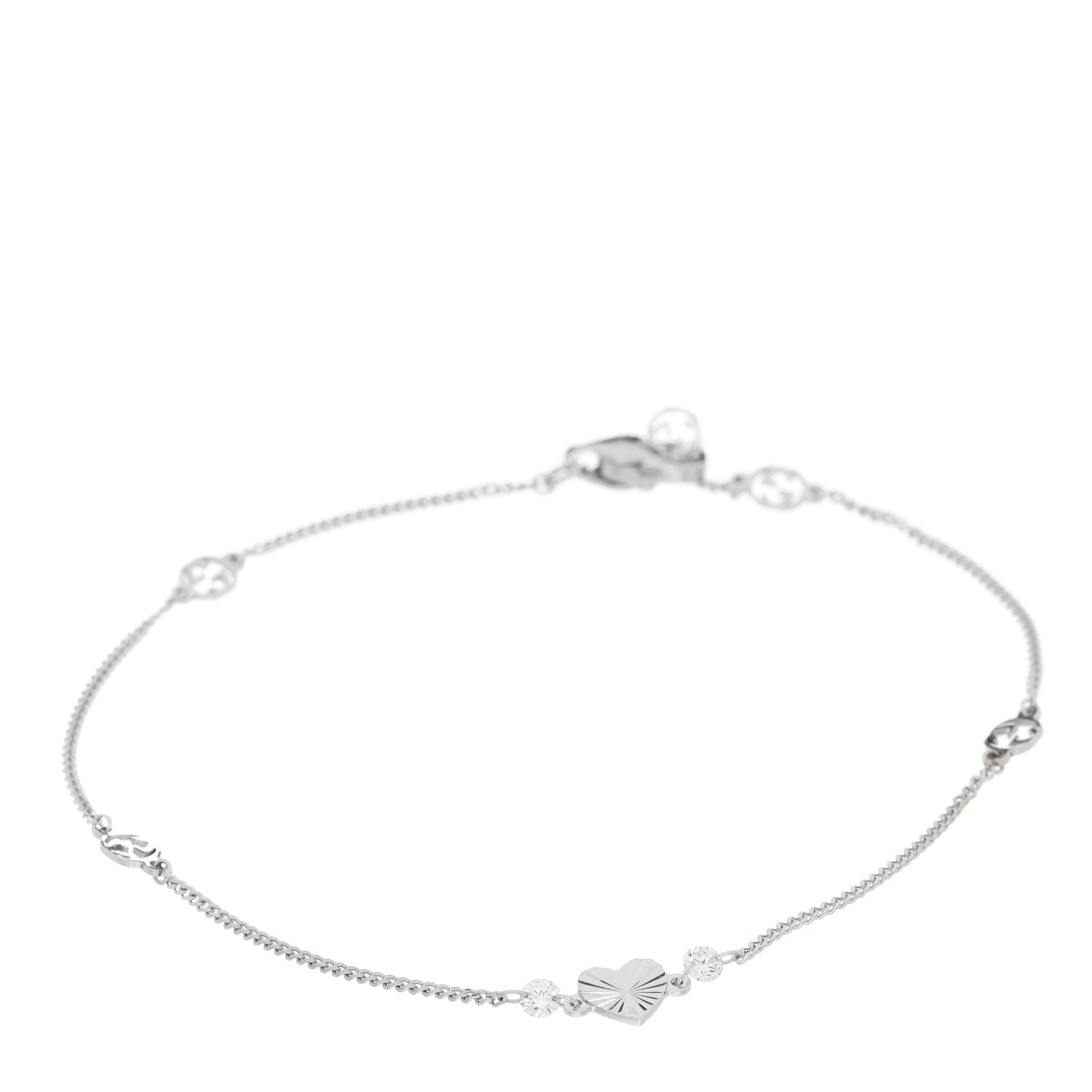 Gucci 18K White Gold Diamond Heart GG Station Bracelet 1 of 5