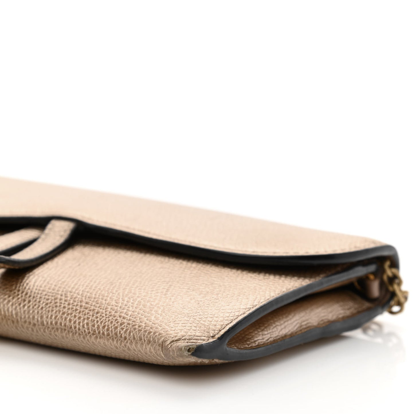 Metallic Grained Calfskin Saddle Chain Wallet Pouch