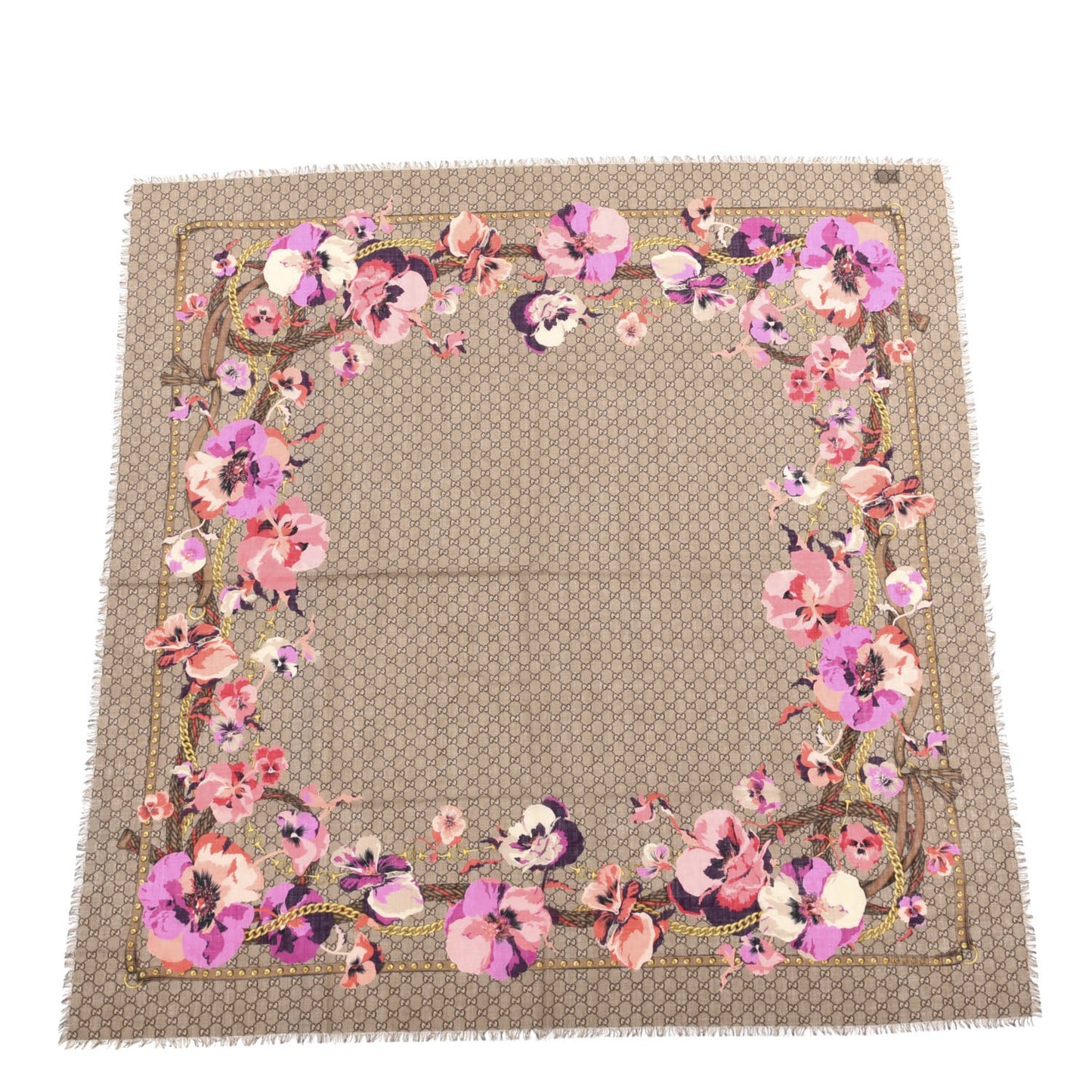 Wool Jacquard GG Monogram Big Panshie Fringe Shawl Roseate Beige