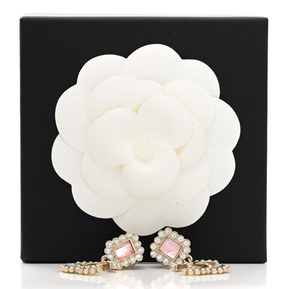 Chanel Metal Square Crystal Pearl CC Drop Earrings Pink Gold 5 of 5