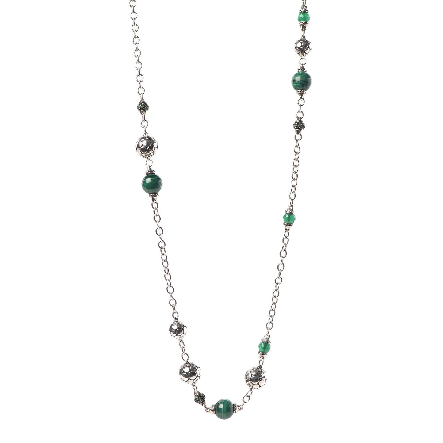 Sterling Silver Malachite Green Onyx Tsavorite Batu Dot Station Necklace