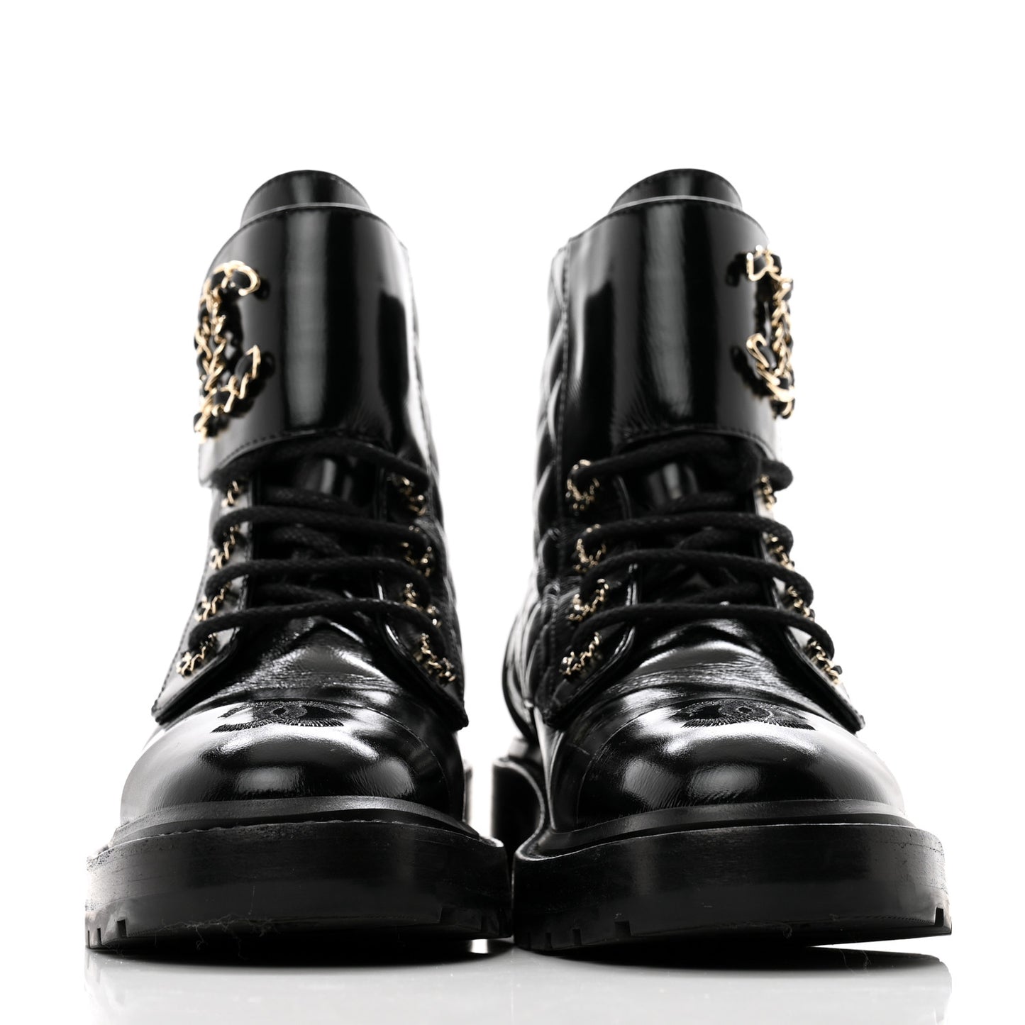 Shiny Calfskin Quilted Lace Up Combat Boots 36 Black