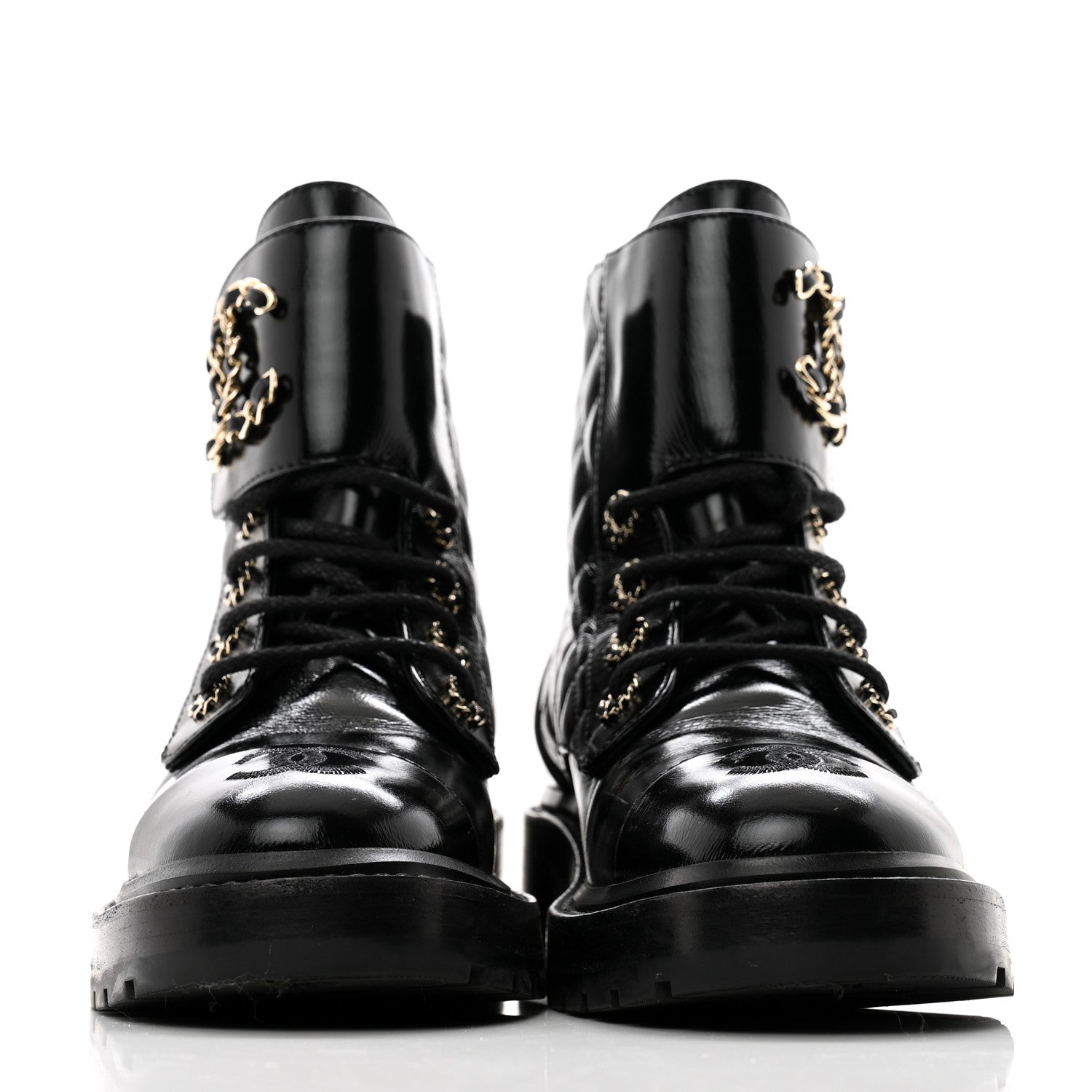 Chanel Shiny Calfskin Quilted Lace Up Combat Boots 36 Black 2 of 11
