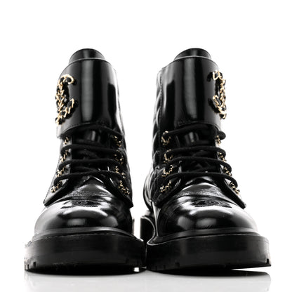 Chanel Shiny Calfskin Quilted Lace Up Combat Boots 36 Black 2 of 11