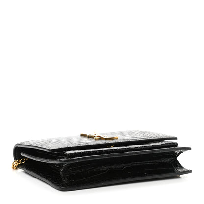 Saint Laurent Calfskin Crocodile Embossed Monogram Sunset Top Handle Chain Wallet Black 4 of 9