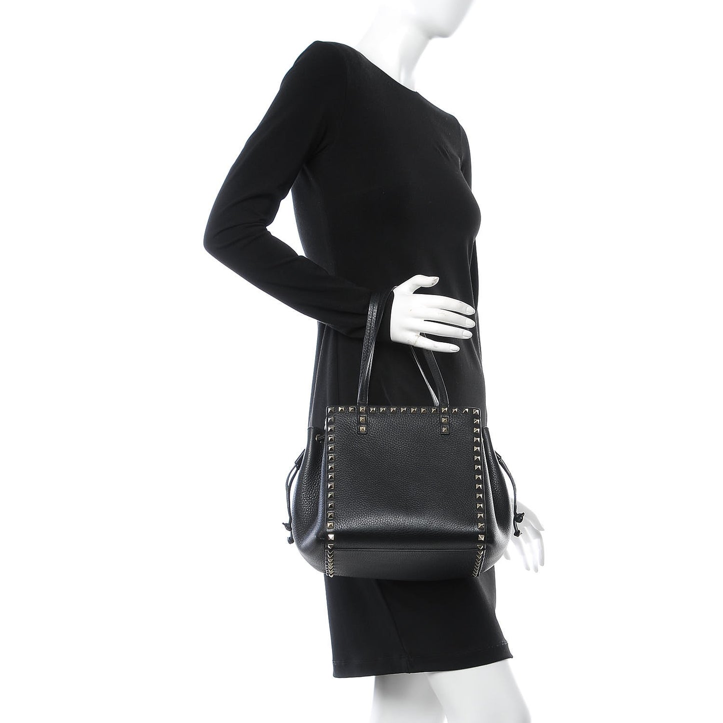 Pebbled Calfskin Rockstud Double Handle Cinch Tote Black