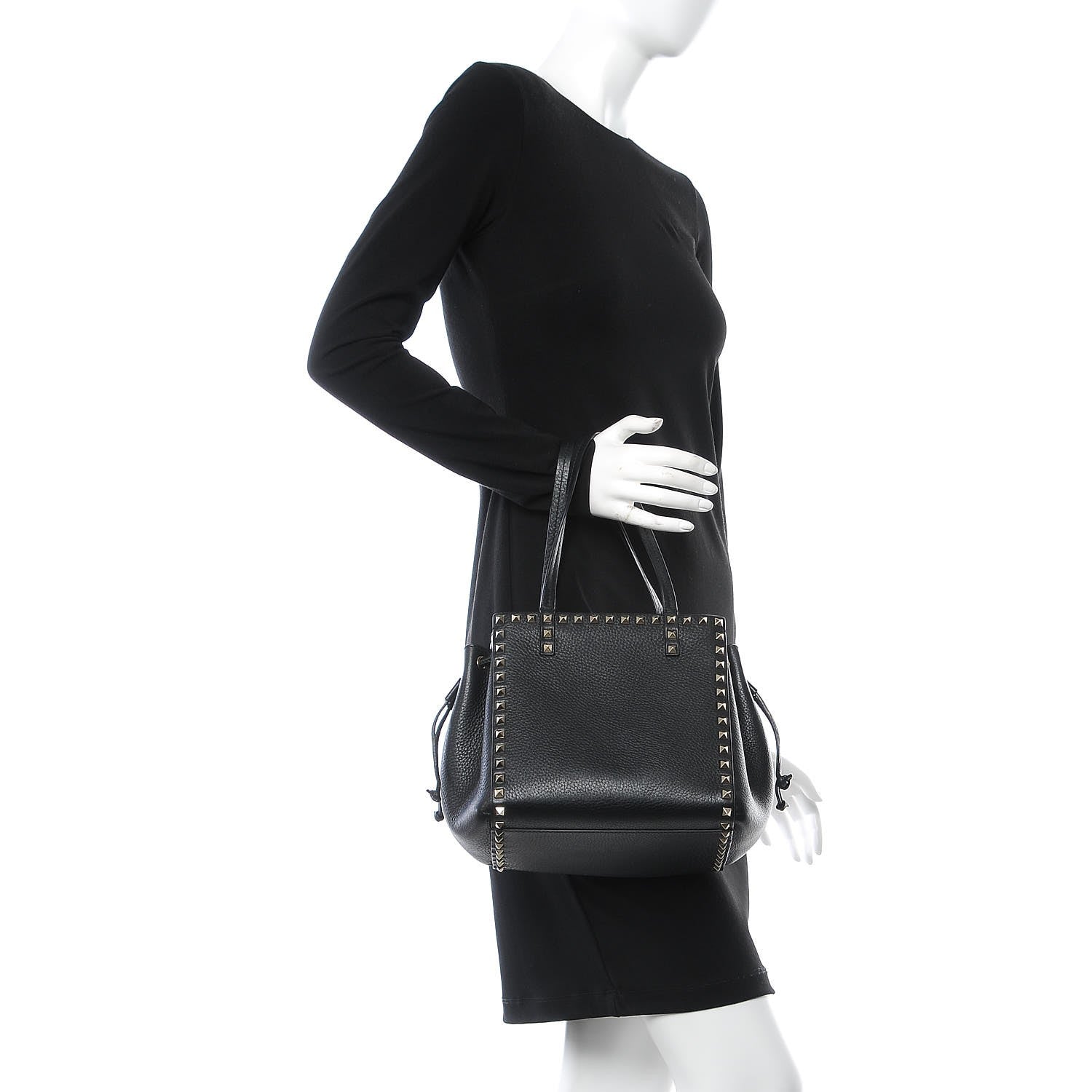 Valentino Garavani Pebbled Calfskin Rockstud Double Handle Cinch Tote Black 2 of 7