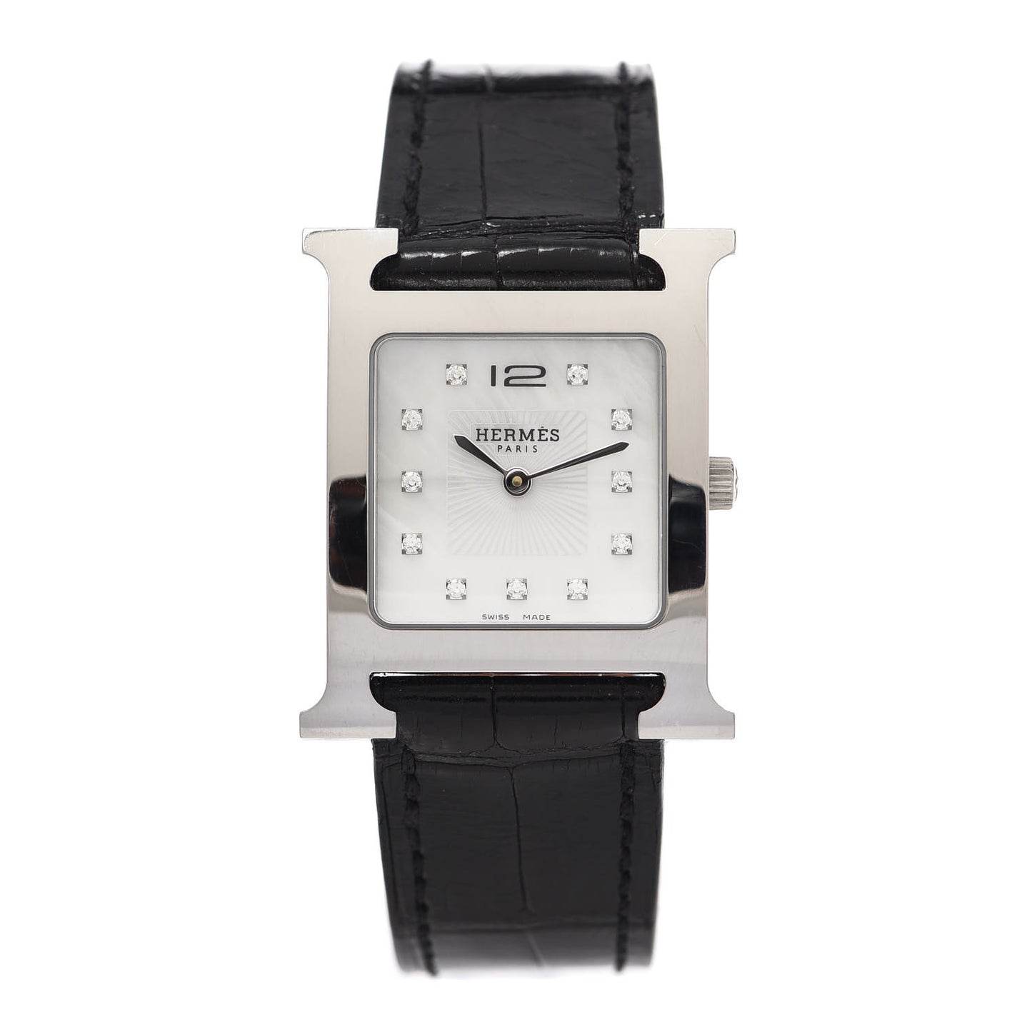 Stainless Steel Alligator Diamond Mother of Pearl 26mm Heure H Hour Quartz Watch Noir