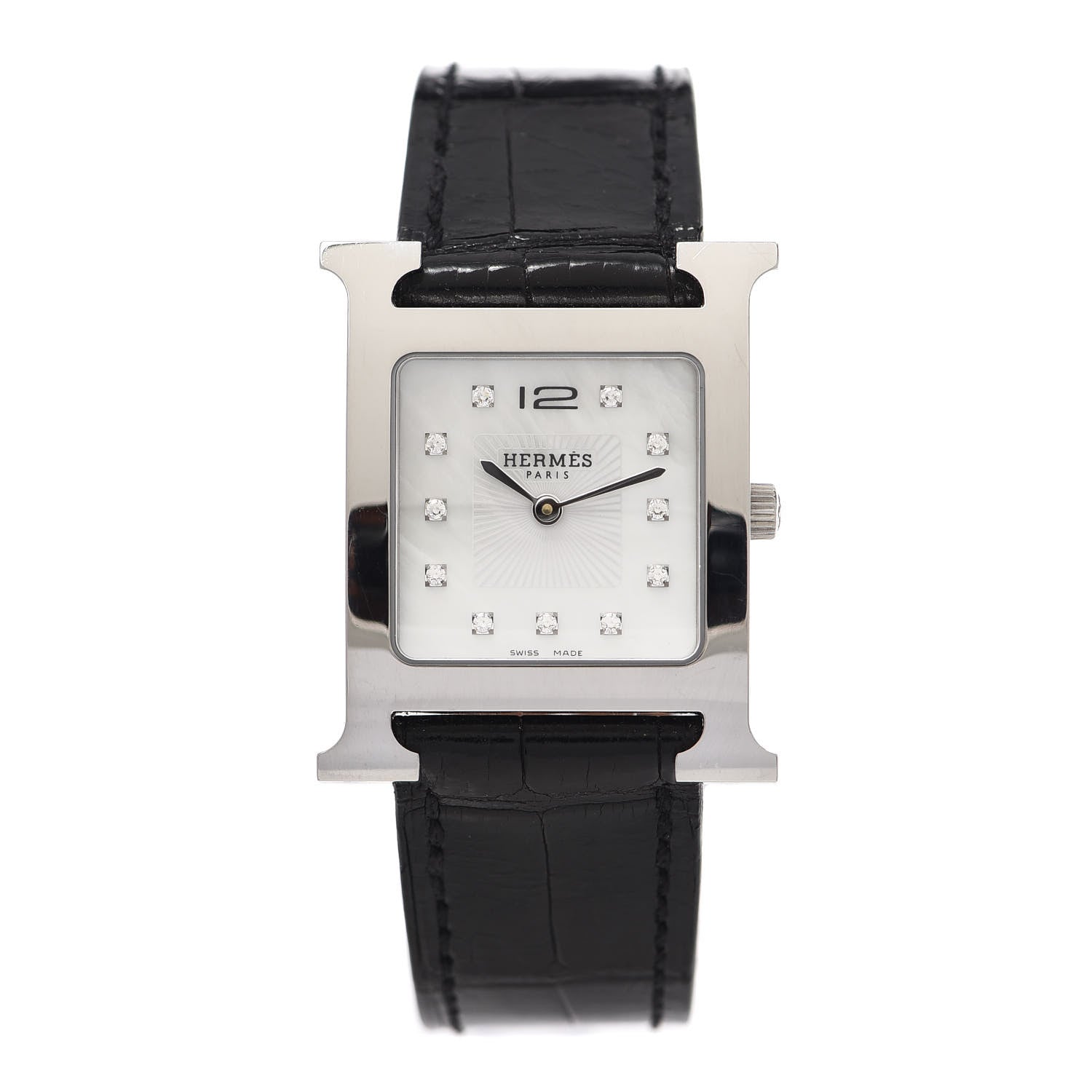 Hermes Stainless Steel Alligator Diamond Mother of Pearl 26mm Heure H Hour Quartz Watch Noir 1 of 5