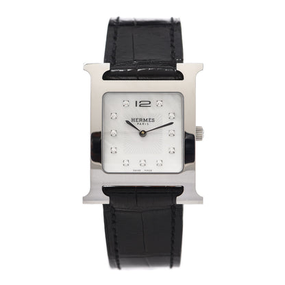 Hermes Stainless Steel Alligator Diamond Mother of Pearl 26mm Heure H Hour Quartz Watch Noir 1 of 5