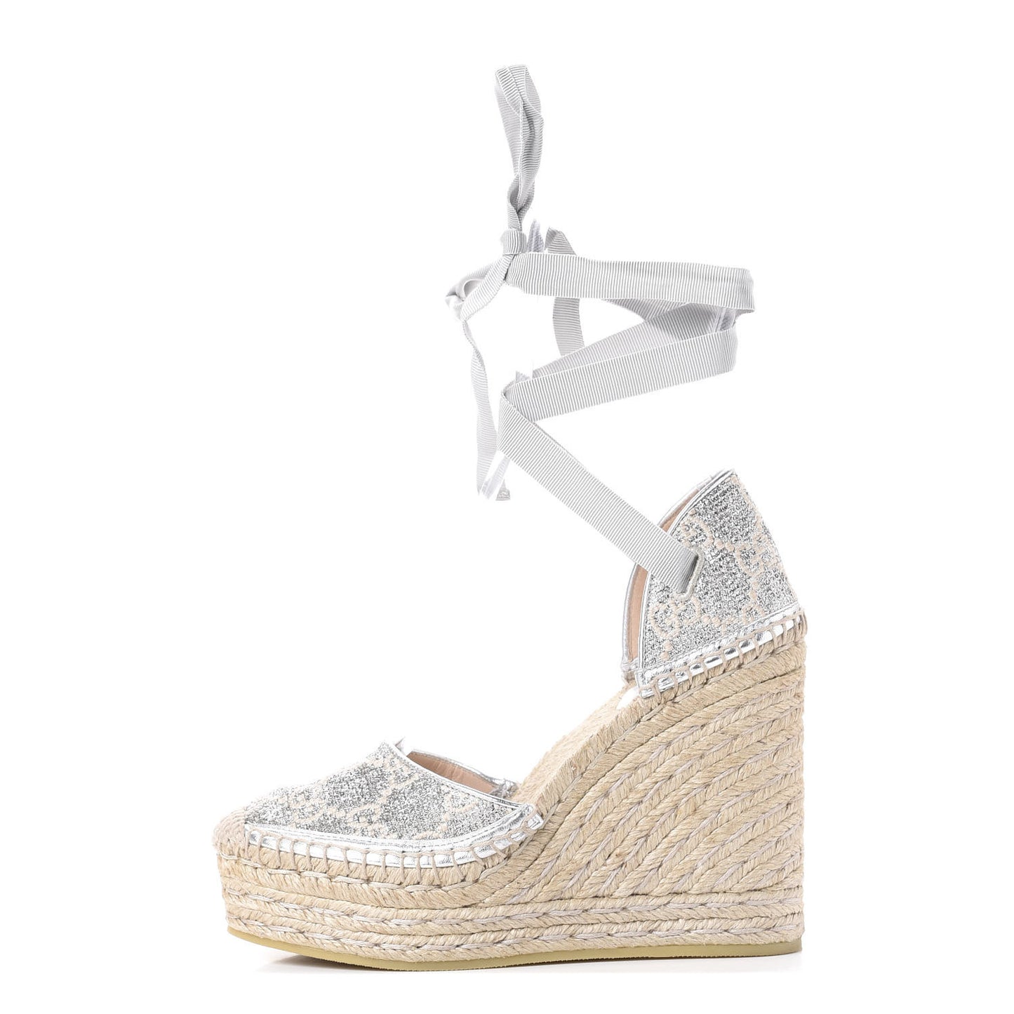 Lame GG Monogram Ankle Wrap Platform Espadrille Wedges 35.5 Silver Beige Light Grey