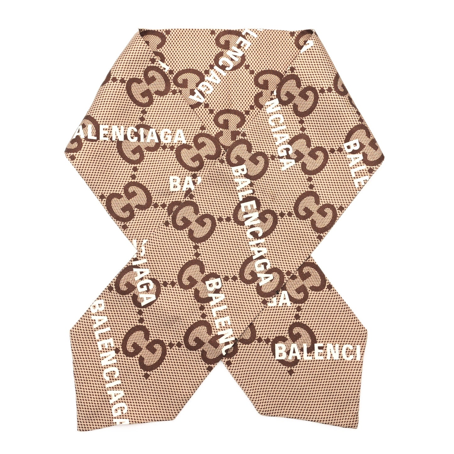 X BALENCIAGA Silk Twill Maxi GG Monogram GG B Neck Bow Scarf Beige White