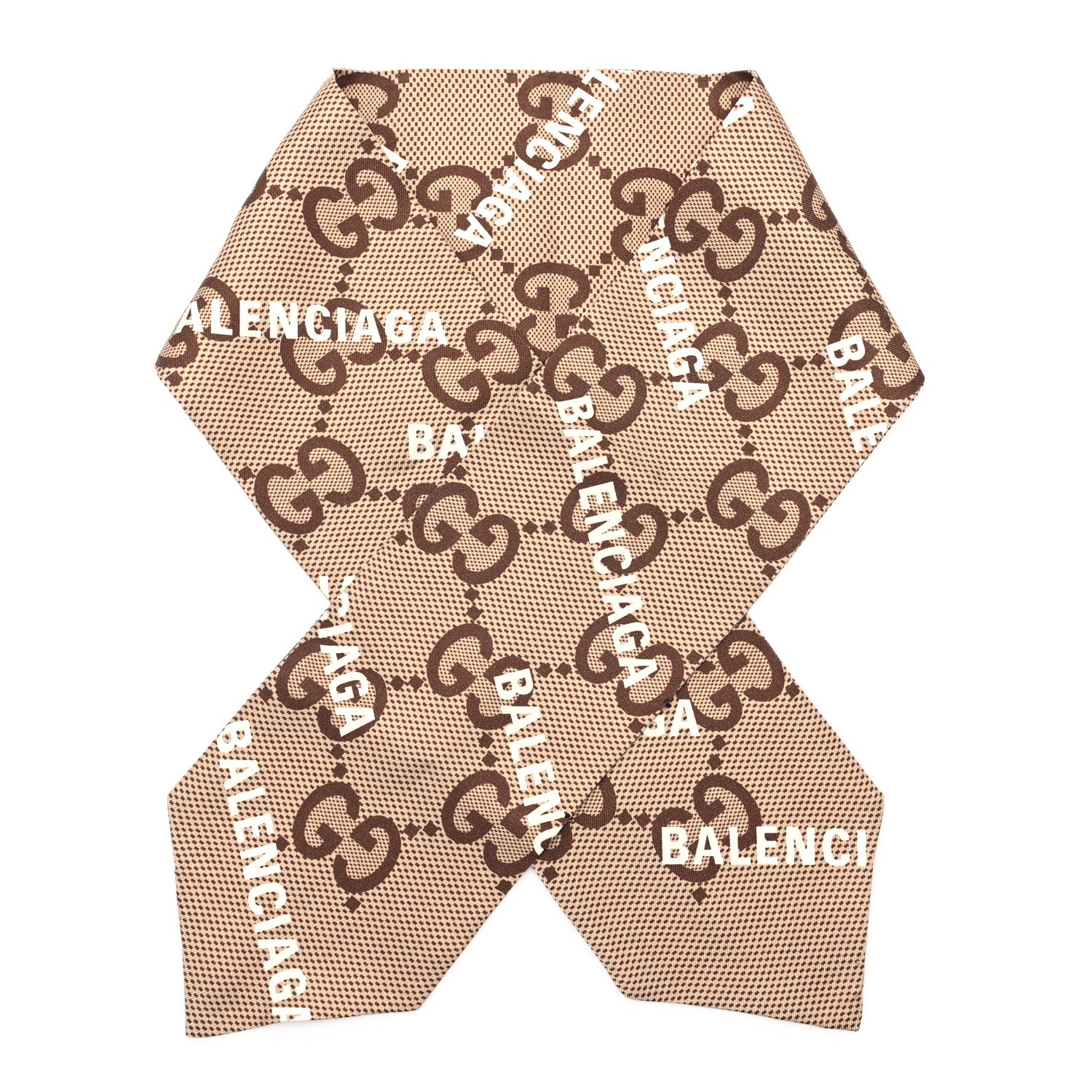Gucci X BALENCIAGA Silk Twill Maxi GG Monogram GG B Neck Bow Scarf Beige White 1 of 3