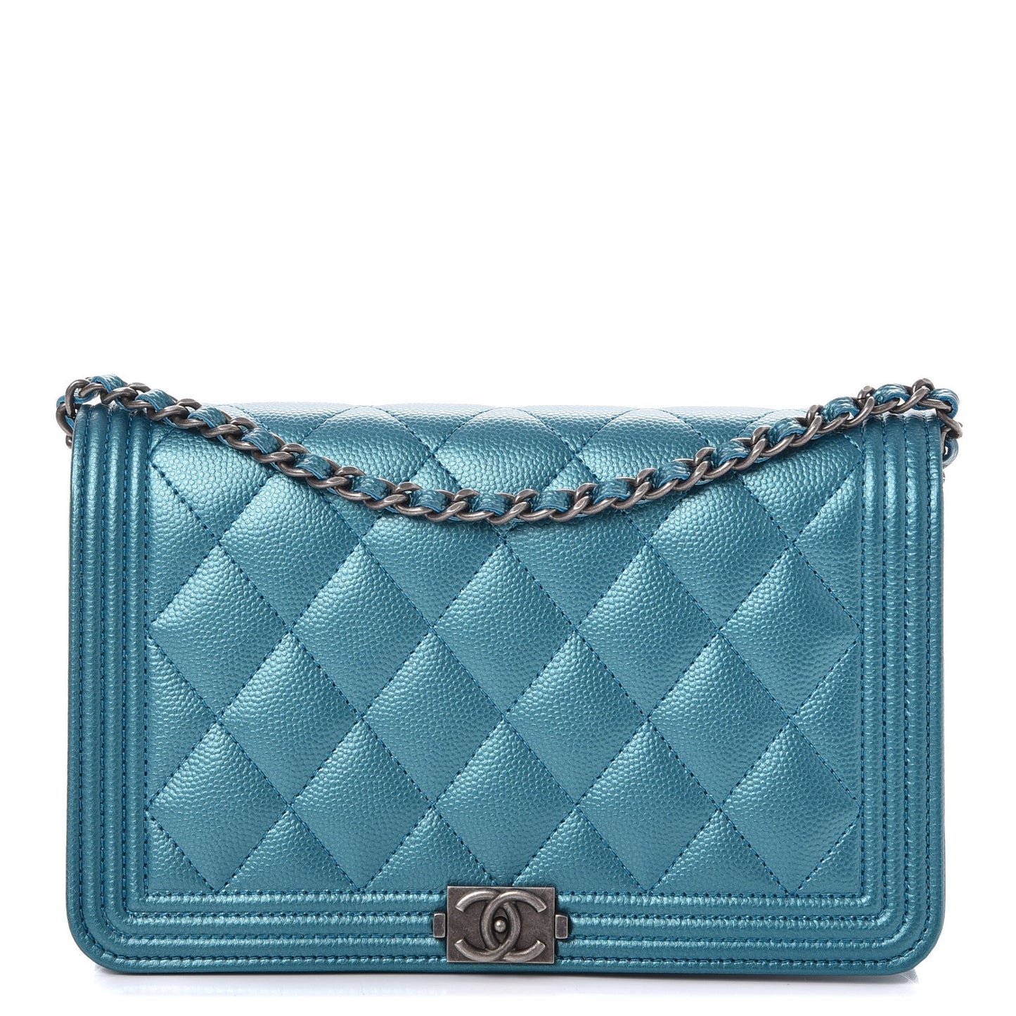 Metallic Caviar Quilted Boy Wallet On Chain WOC Turquoise