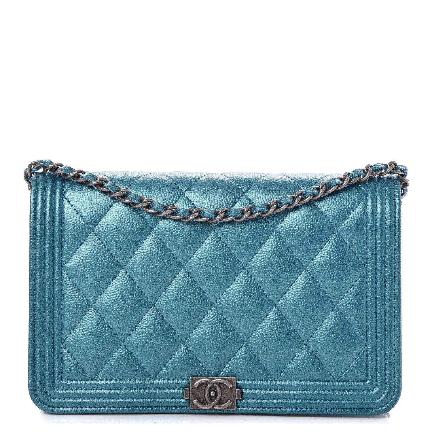 Chanel Metallic Caviar Quilted Boy Wallet On Chain WOC Turquoise 1 of 8