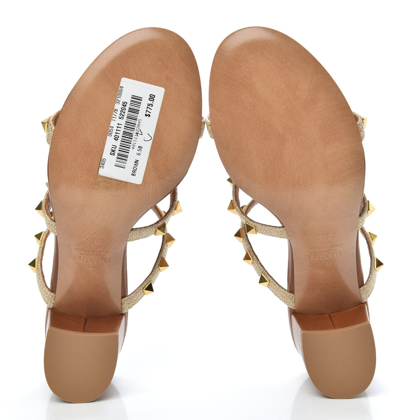 Raffia Calfskin Rockstud 60mm Caged Slide Sandals 36.5 Naturale