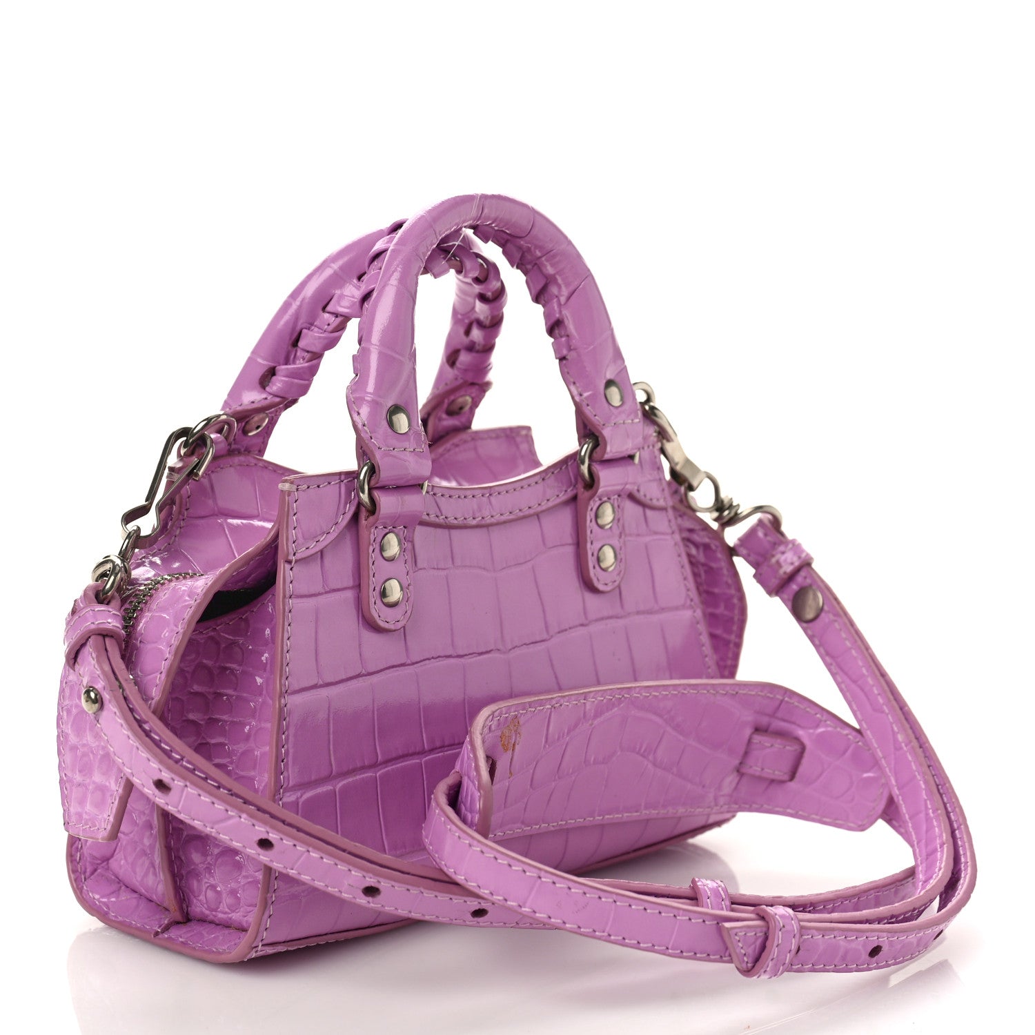 Balenciaga Calfskin Crocodile Embossed Neo Classic Silver Hardware Nano City Crossbody Lilac 2 of 8