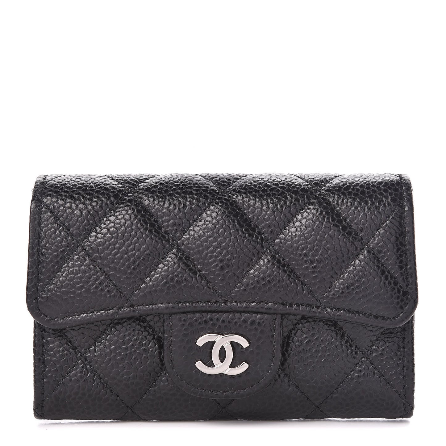 Caviar Quilted Flap Card Holder Wallet Black