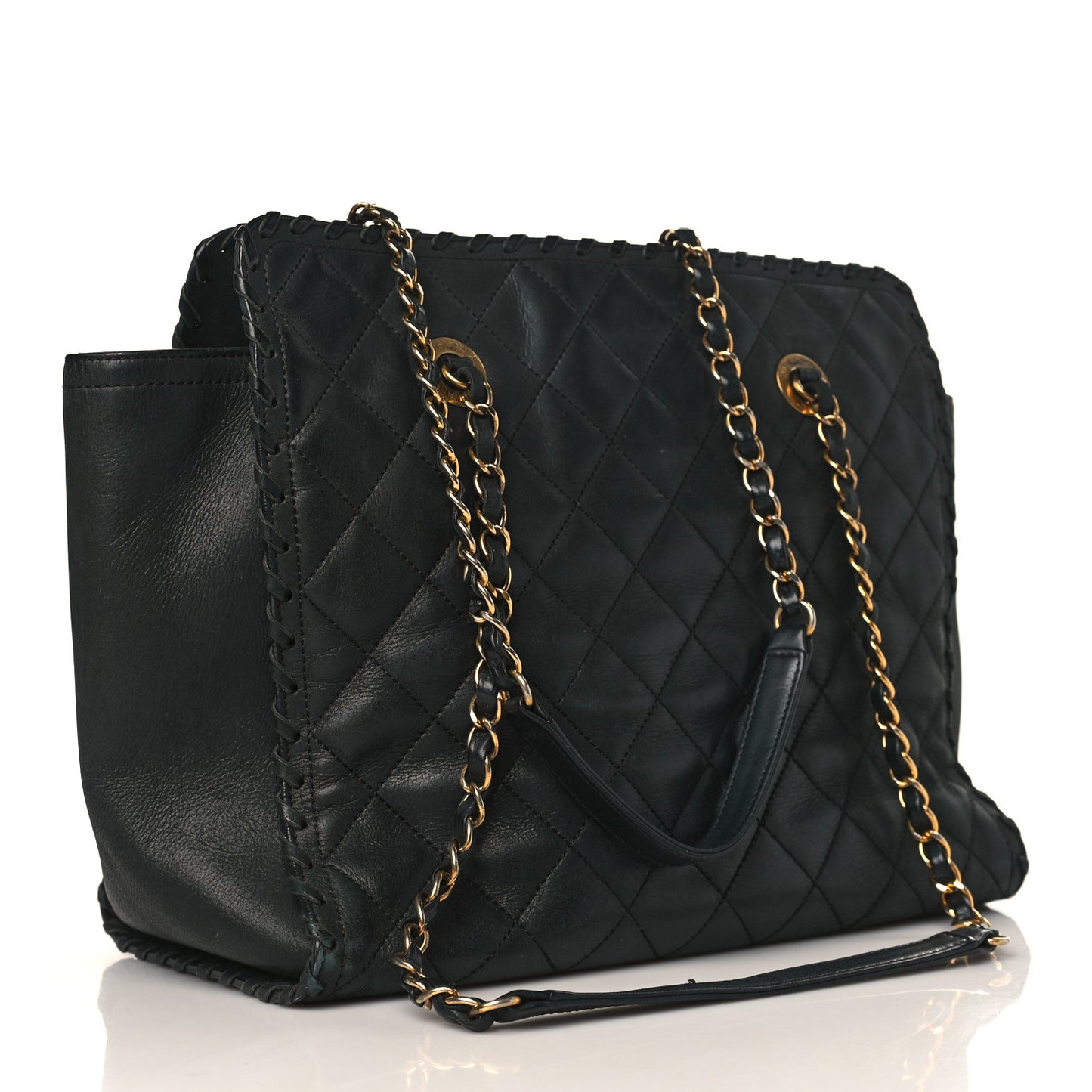Iridescent Calfskin Quilted Happy Stitch Shopping Tote Black