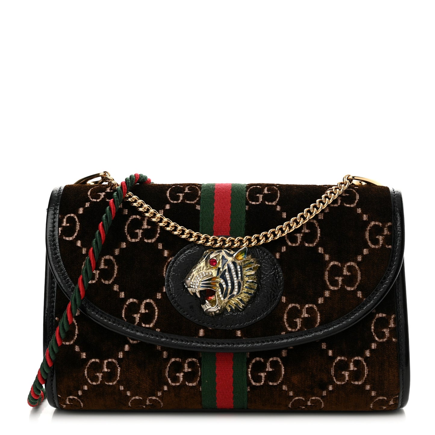 Velvet GG Monogram Web Small Rajah Slim Flap Shoulder Bag Brown Black