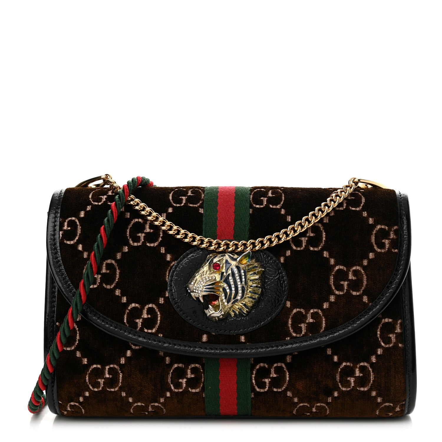 Gucci Velvet GG Monogram Web Small Rajah Slim Flap Shoulder Bag Brown Black 1 of 13