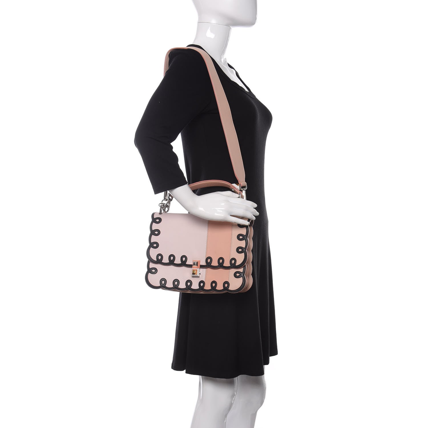 Fendi Vitello Dolce Scalloped Studded Scrollwork Kan I Shoulder Bag Plaster Black 2 of 11