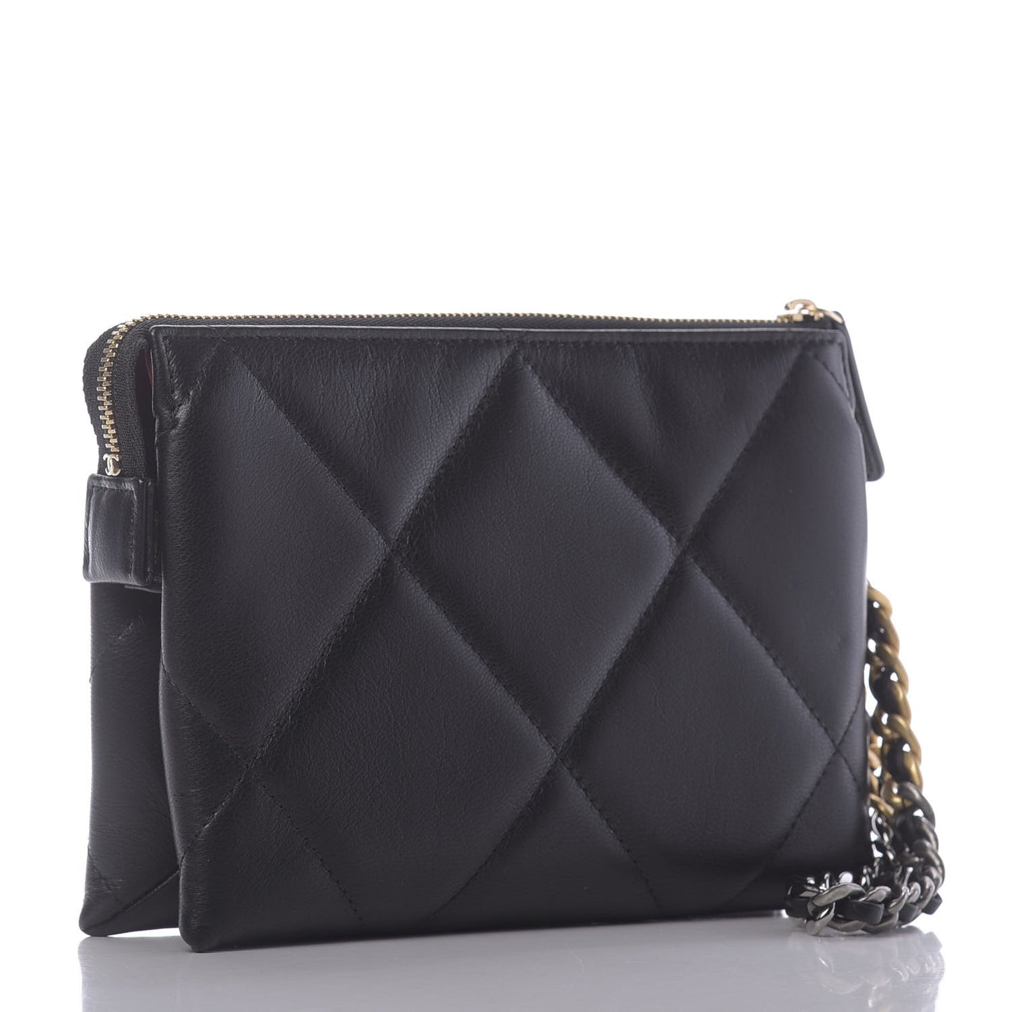 Shiny Goatskin Quilted Small Chanel 19 Pouch With Handle Black