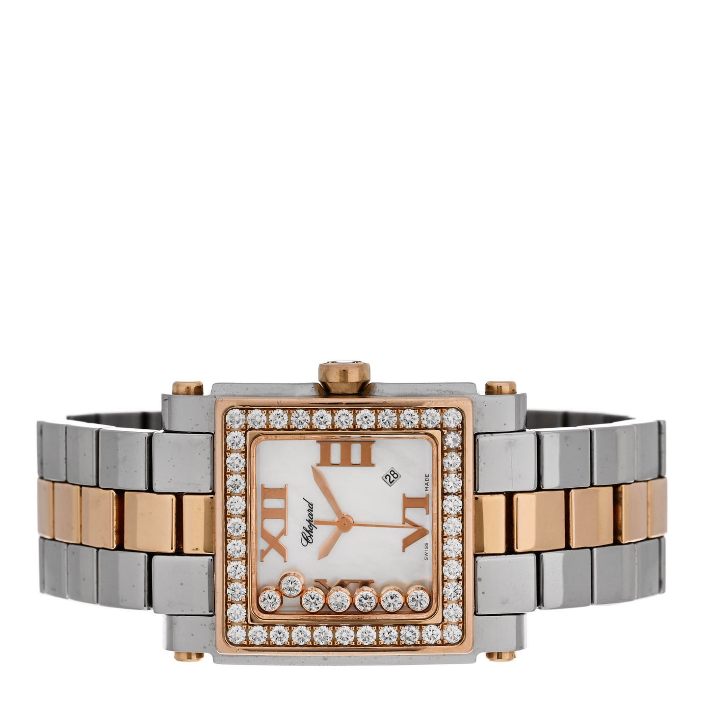 Stainless Steel 18K Rose Gold 7 Diamond Bezel Mother of Pearl 27mm Happy Sport Quartz Watch