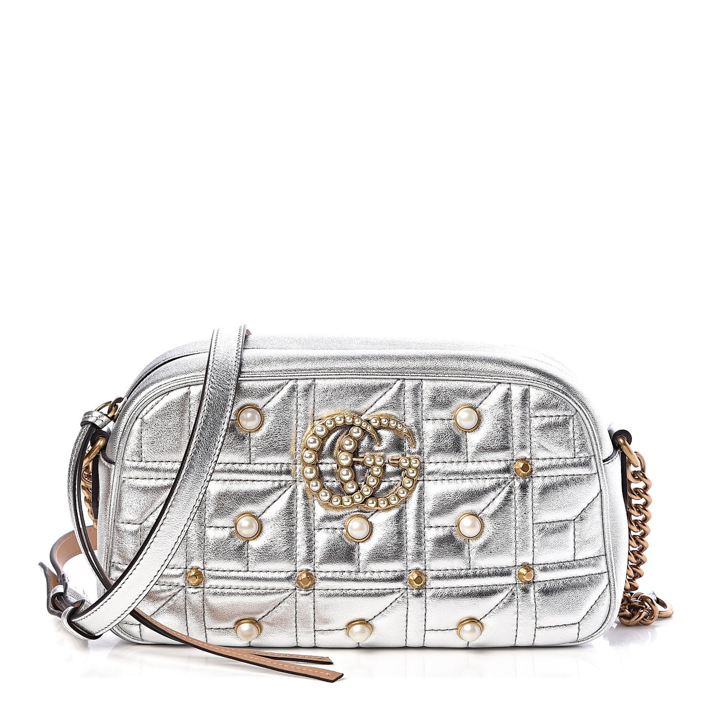 Metallic Calfskin Matelasse Studded Small Pearly GG Marmont Chain Shoulder Bag Silver