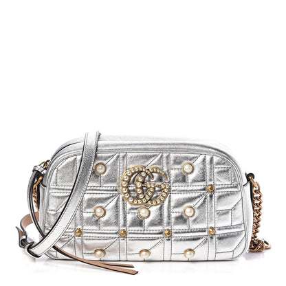 Gucci Metallic Calfskin Matelasse Studded Small Pearly GG Marmont Chain Shoulder Bag Silver 1 of 10