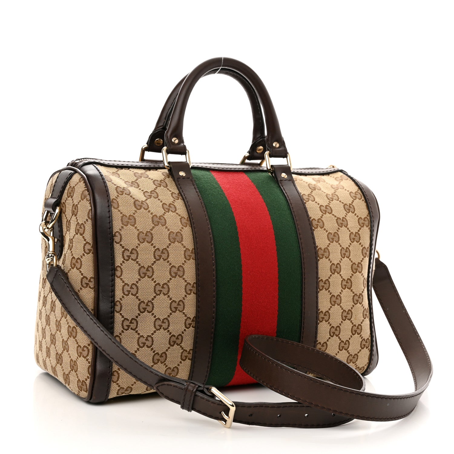 Gucci Monogram Selleria Calfskin Vintage Web Medium Boston Beige Ebony Cocoa 2 of 10