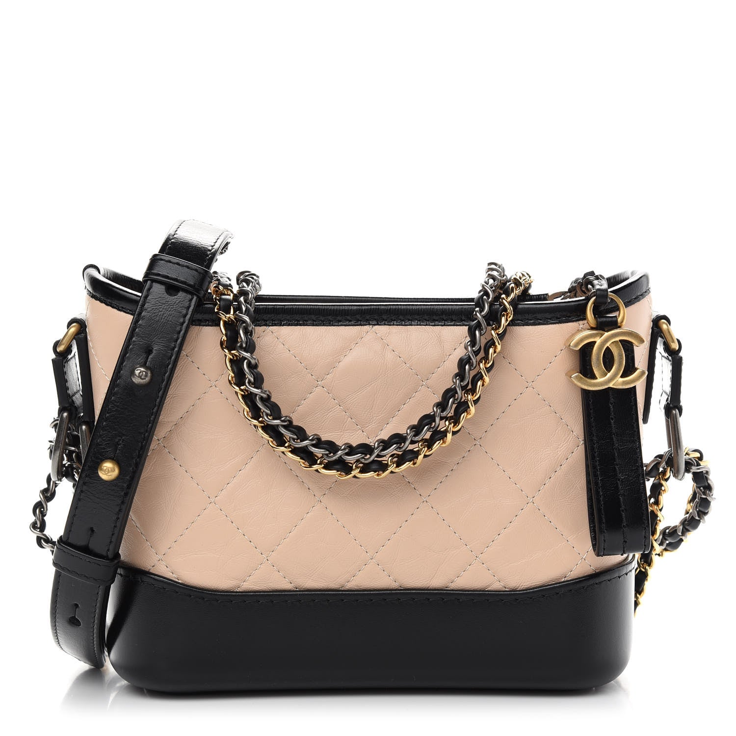 Chanel Aged Calfskin Quilted Small Gabrielle Hobo Beige Black 1 of 9