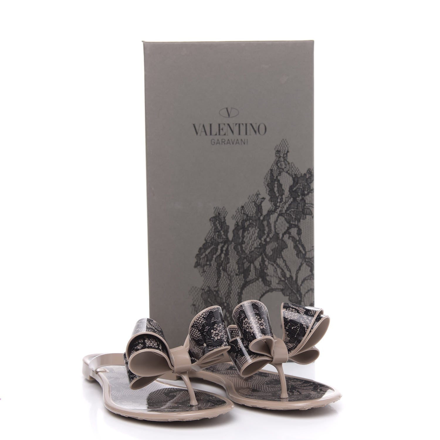 Valentino Garavani PVC Jelly Lace Print Bow Thong Sandals 36 Black Poudre 7 of 8