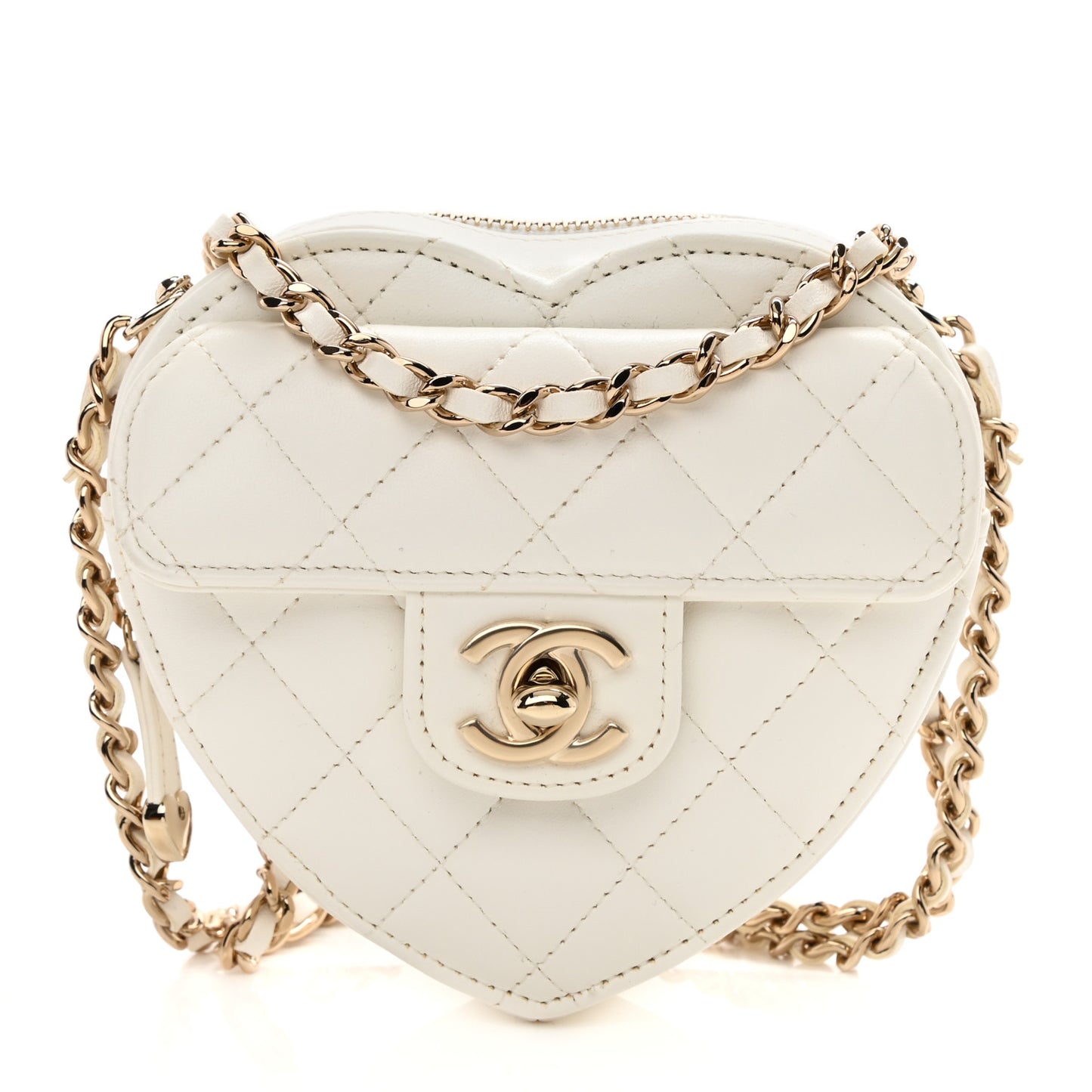 Lambskin Quilted CC In Love Heart Clutch With Chain White