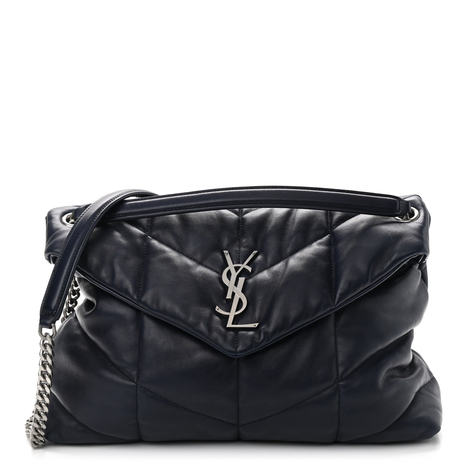 Saint Laurent Lambskin Quilted Medium Loulou Puffer Monogram Chain Satchel Navy 1 of 11