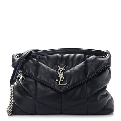 Saint Laurent Lambskin Quilted Medium Loulou Puffer Monogram Chain Satchel Navy 1 of 11