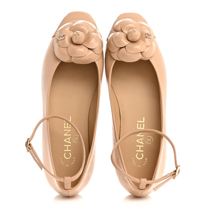 Chanel Shiny Calfskin Camellia Ankle Strap Ballerina Flats 36 Beige 2 of 10