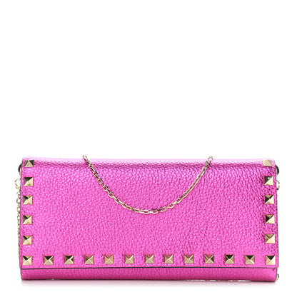 Valentino Garavani Metallic Pebbled Calfskin Rockstud Flap Wallet On Chain Peony 1 of 8