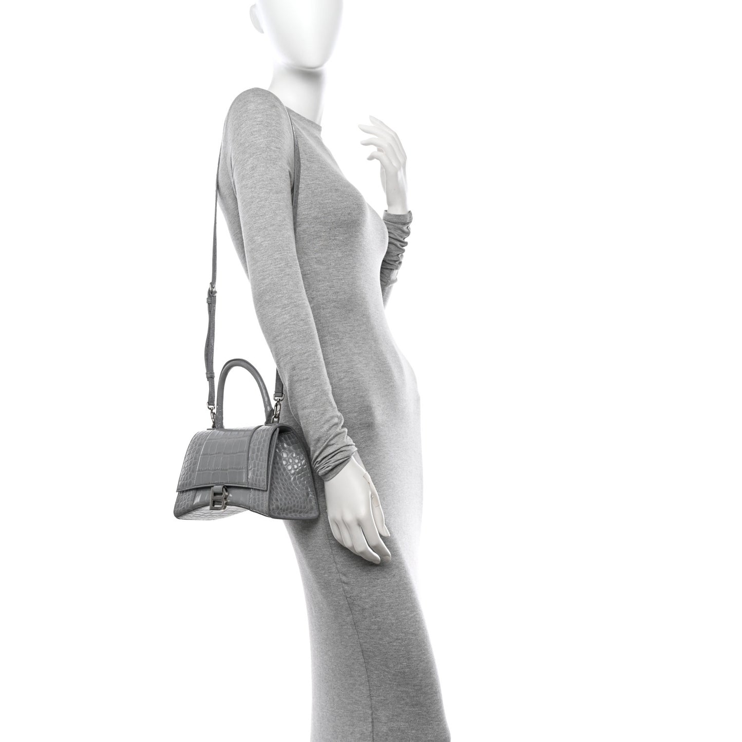 Shiny Calfskin Crocodile Embossed Small Hourglass Top Handle Bag Balenciaga Grey