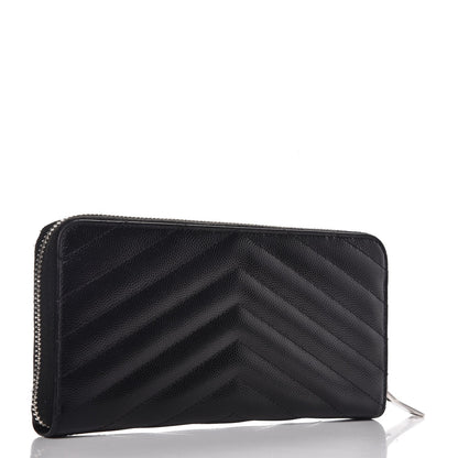 Saint Laurent Grain De Poudre Matelasse Chevron Monogram Zip Around Wallet Black 3 of 7