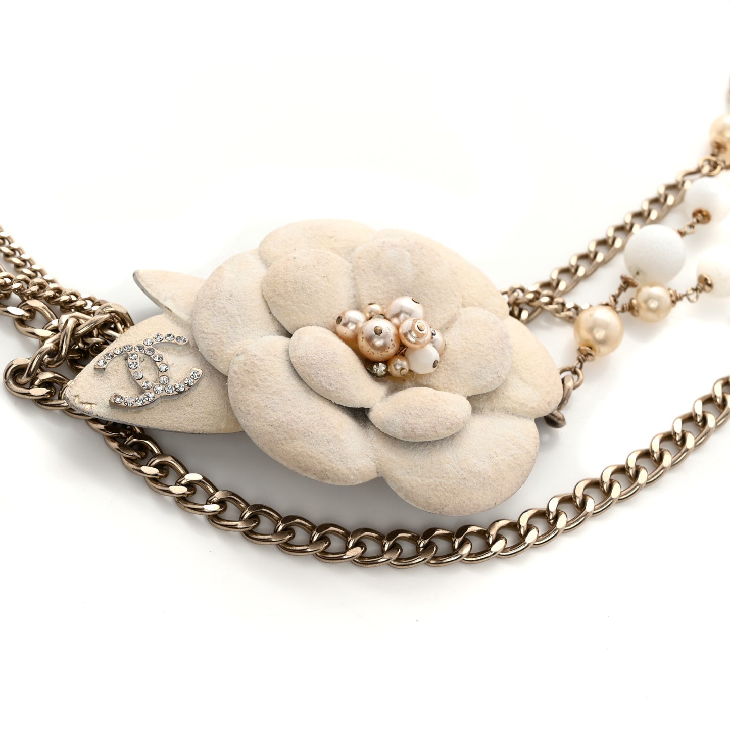 Pearl Crystal Beaded Camellia Chain Belt Gold White